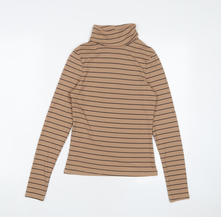New Look Womens Brown Striped Polyester Basic T-Shirt Size 10 Roll Neck