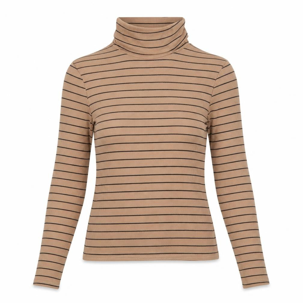 Front view of New Look women’s brown striped polyester basic t-shirt, size UK 10, roll neck