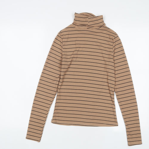 New Look Womens Brown Striped Polyester Basic T-Shirt Size 10 Roll Neck