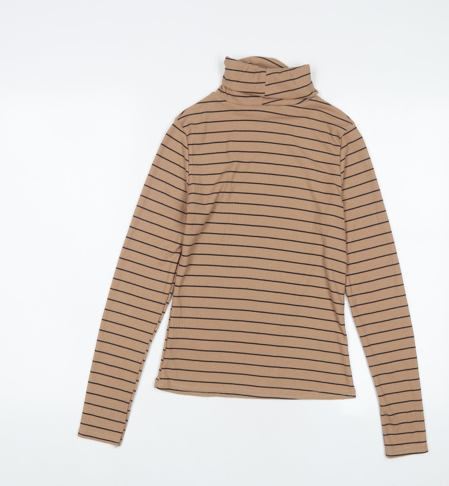 New Look Womens Brown Striped Polyester Basic T-Shirt Size 10 Roll Neck