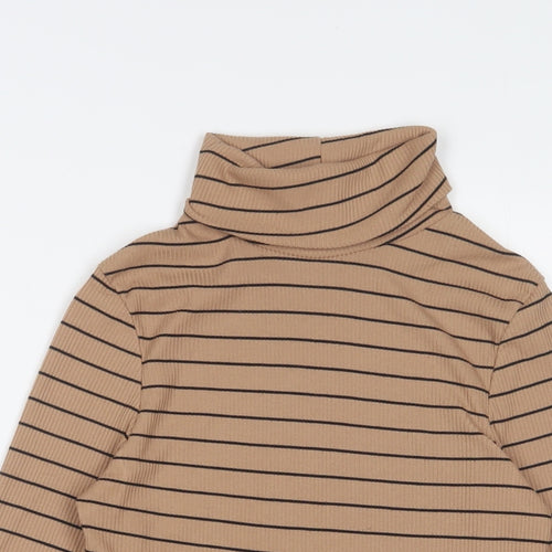 New Look Womens Brown Striped Polyester Basic T-Shirt Size 10 Roll Neck