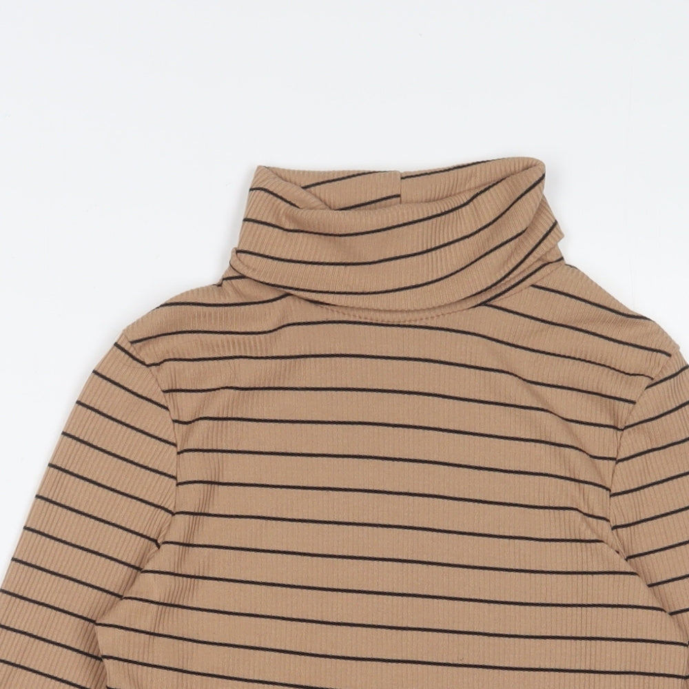 New Look Womens Brown Striped Polyester Basic T-Shirt Size 10 Roll Neck