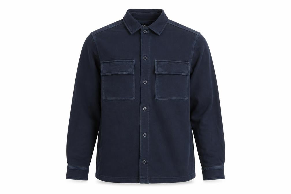 Front view of Marks & Spencer men’s blue cotton button-up, size S, collared button