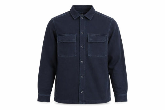 Front view of Marks & Spencer men’s blue cotton button-up, size S, collared button