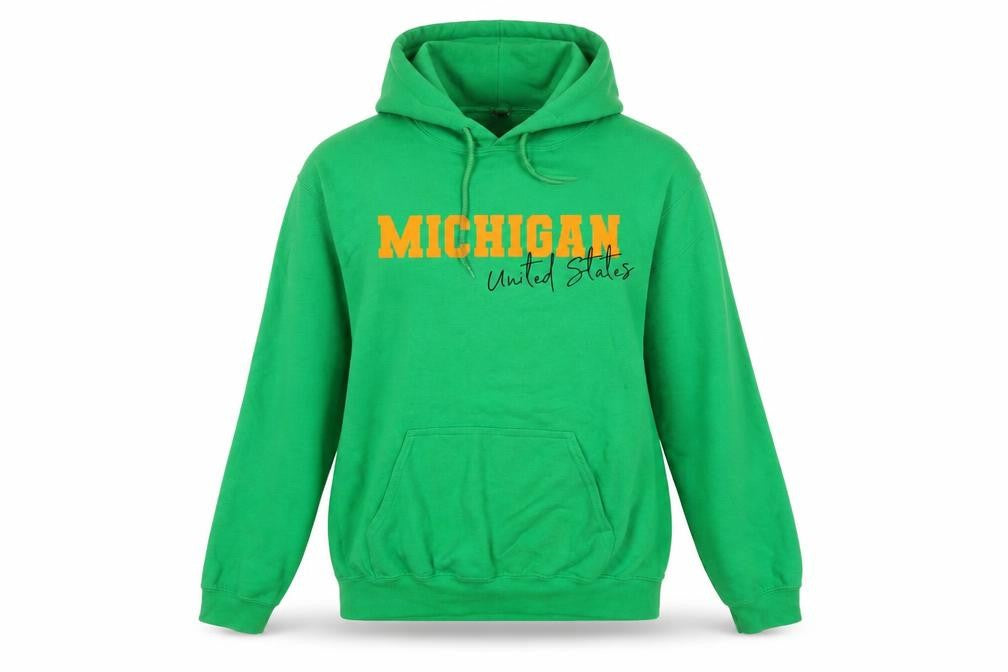 Front view of I SAW IT FIRST women’s green cotton pullover hoodie, size M, pullover - michigan