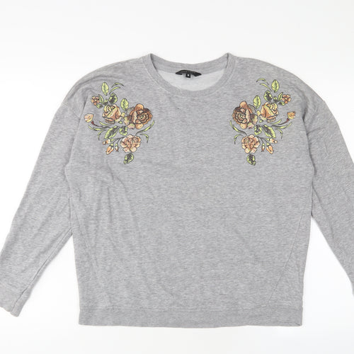 New Look Womens Grey Floral Cotton Pullover Sweatshirt Size 10 Pullover