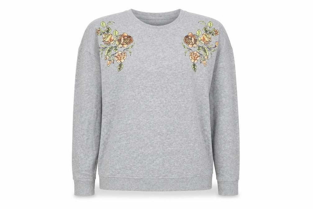 Front view of New Look women’s grey floral cotton pullover sweatshirt, size UK 10, pullover