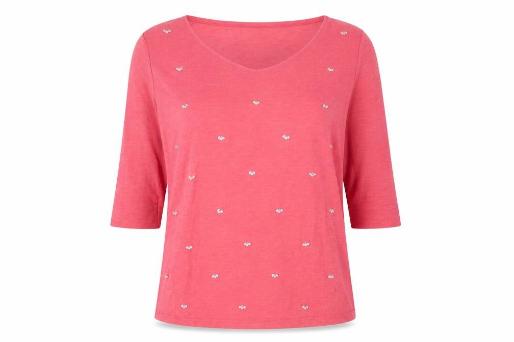 Front view of Next women’s pink polyester basic t-shirt, size UK 14, scoop neck - beaded