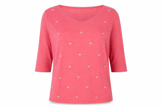 Front view of Next women’s pink polyester basic t-shirt, size UK 14, scoop neck - beaded