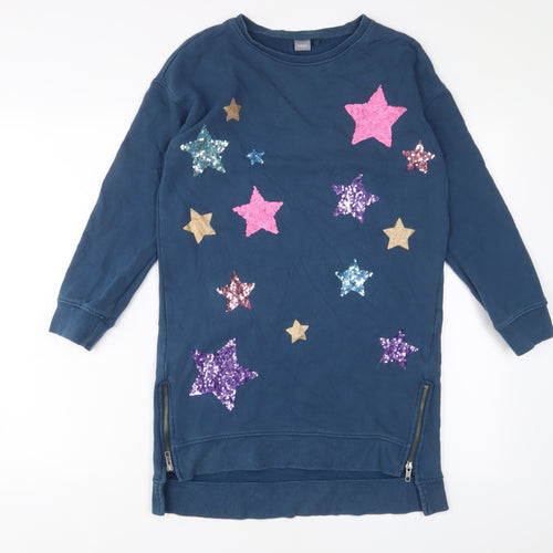 NEXT Girls Blue Cotton Jumper Dress Size 12 Years Crew Neck Pullover - Sequins, Stars