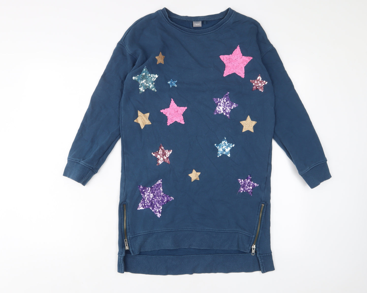 NEXT Girls Blue Cotton Jumper Dress Size 12 Years Crew Neck Pullover - Sequins, Stars