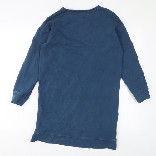 NEXT Girls Blue Cotton Jumper Dress Size 12 Years Crew Neck Pullover - Sequins, Stars