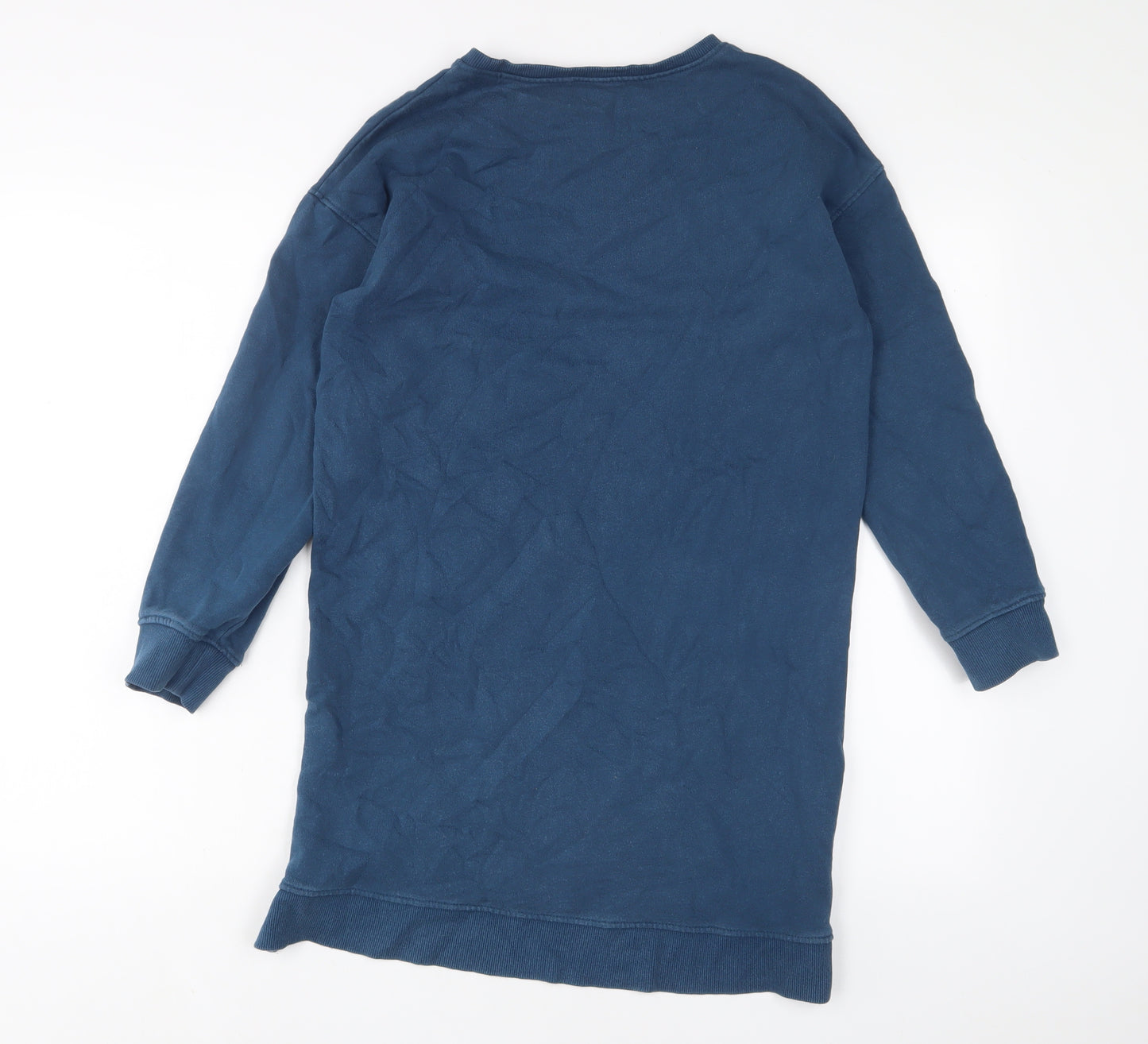 NEXT Girls Blue Cotton Jumper Dress Size 12 Years Crew Neck Pullover - Sequins, Stars