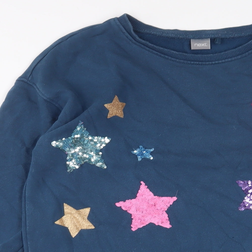 NEXT Girls Blue Cotton Jumper Dress Size 12 Years Crew Neck Pullover - Sequins, Stars