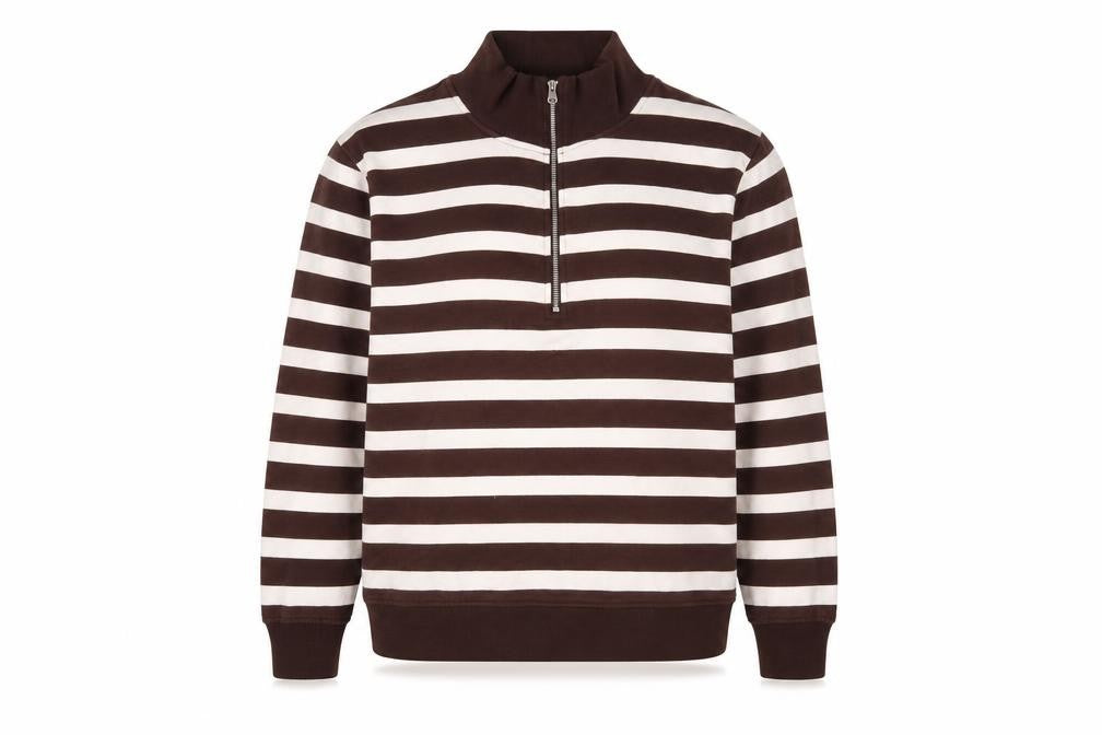Front view of Marks & Spencer women’s brown striped cotton pullover sweatshirt, size S, zip