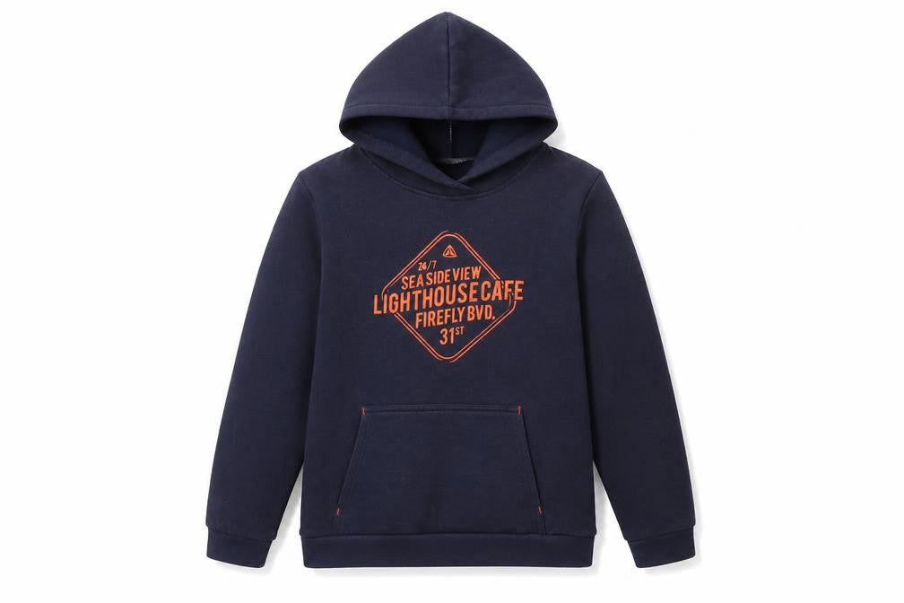 Front view of Firefly boys’ blue polyester pullover hoodie, size 12-13, years pullover