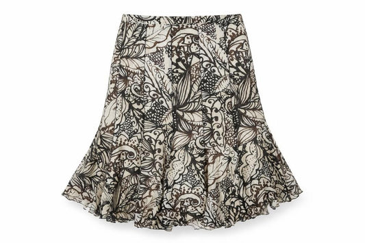Front view of Gerry Weber women’s brown geometric viscose trumpet skirt, size UK 16, zip