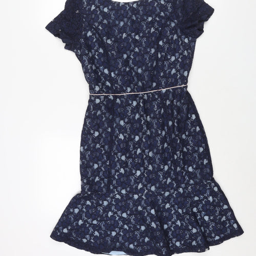 Yumi Womens Blue Viscose Shift Size 8 Round Neck Zip - Frill