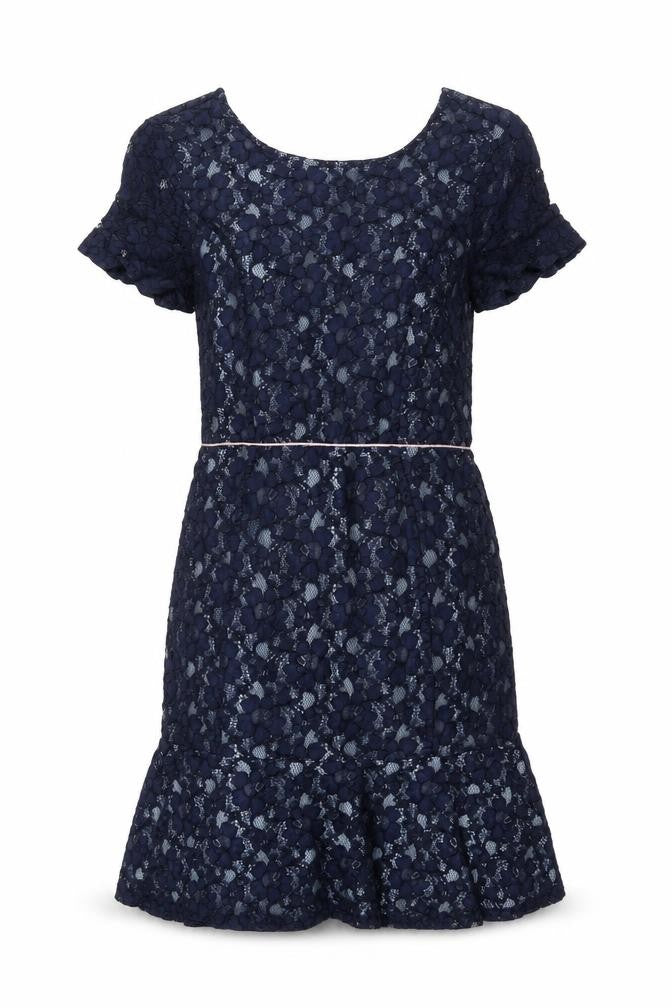 Front view of Yumi women’s blue viscose shift, size UK 8, round neck zip - frill