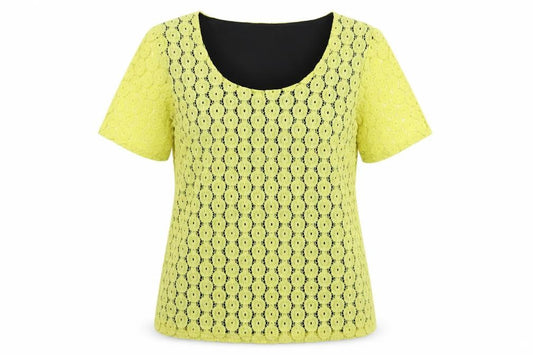 Front view of Windmoor women’s yellow nylon basic blouse, size S, round neck