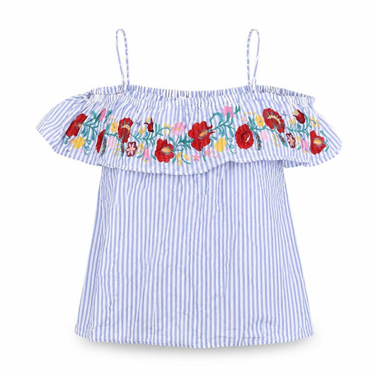 Front view of Springfield women’s blue striped polyester basic blouse, scoop neck - floral embroidery frill cold shoulder