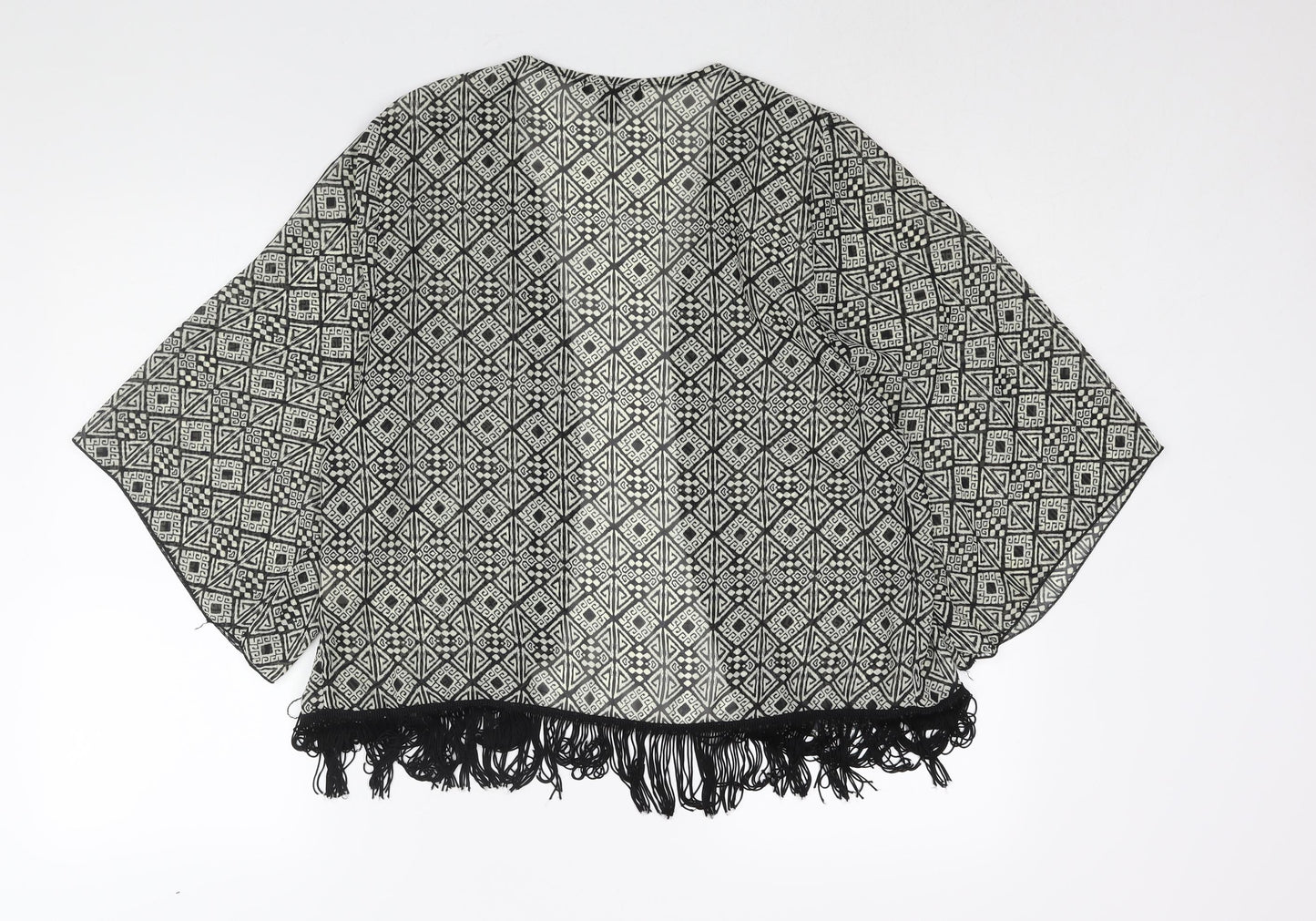 About A Girl Womens Black Geometric Polyester Kimono Blouse Size S V-Neck - Size S-M Tassle Hem