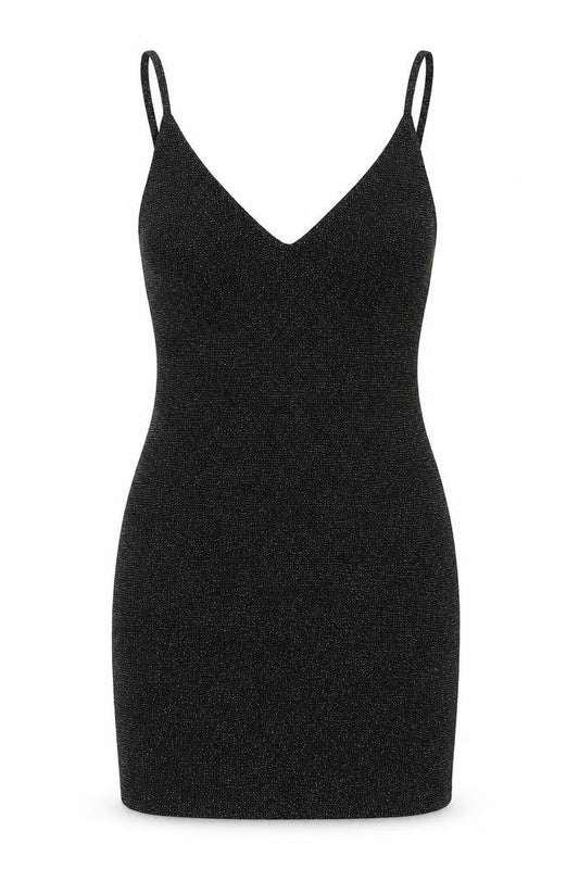 Front view of PRETTYLITTLETHING women’s black nylon mini, size UK 10, v-neck pullover - glitter