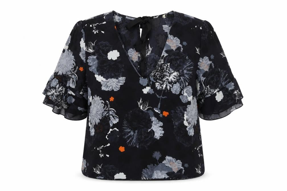 Front view of Topshop women’s black floral polyester basic blouse, size UK 12, v-neck - frill