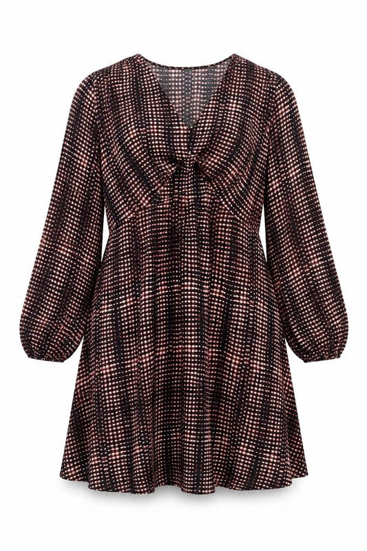 Front view of Marks & Spencer women’s black geometric polyester a-line, size UK 12, v-neck pullover