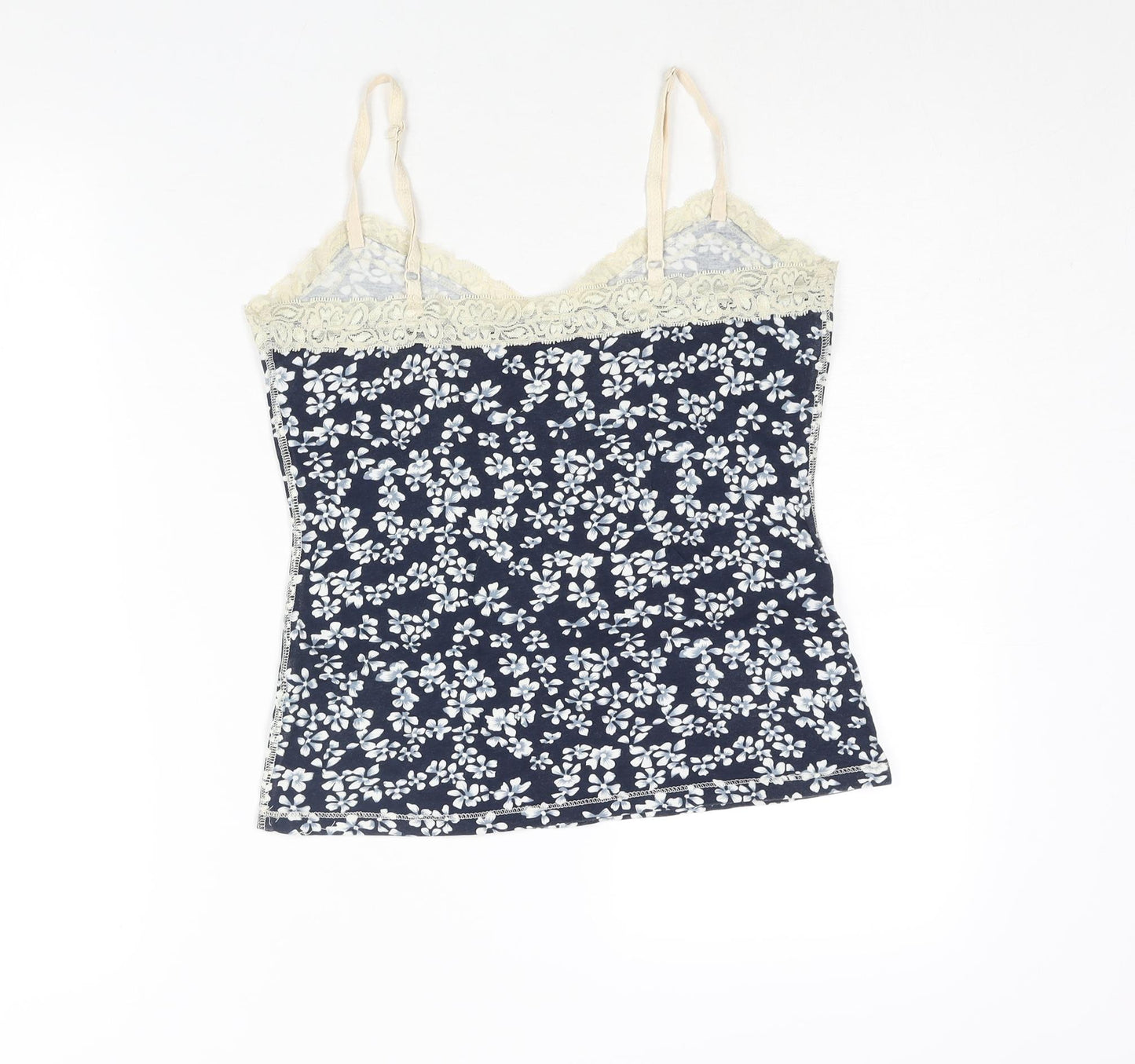 Debenhams Womens Blue Floral Cotton Top Pyjama Top Size 12 - Lace Trim Button Detail