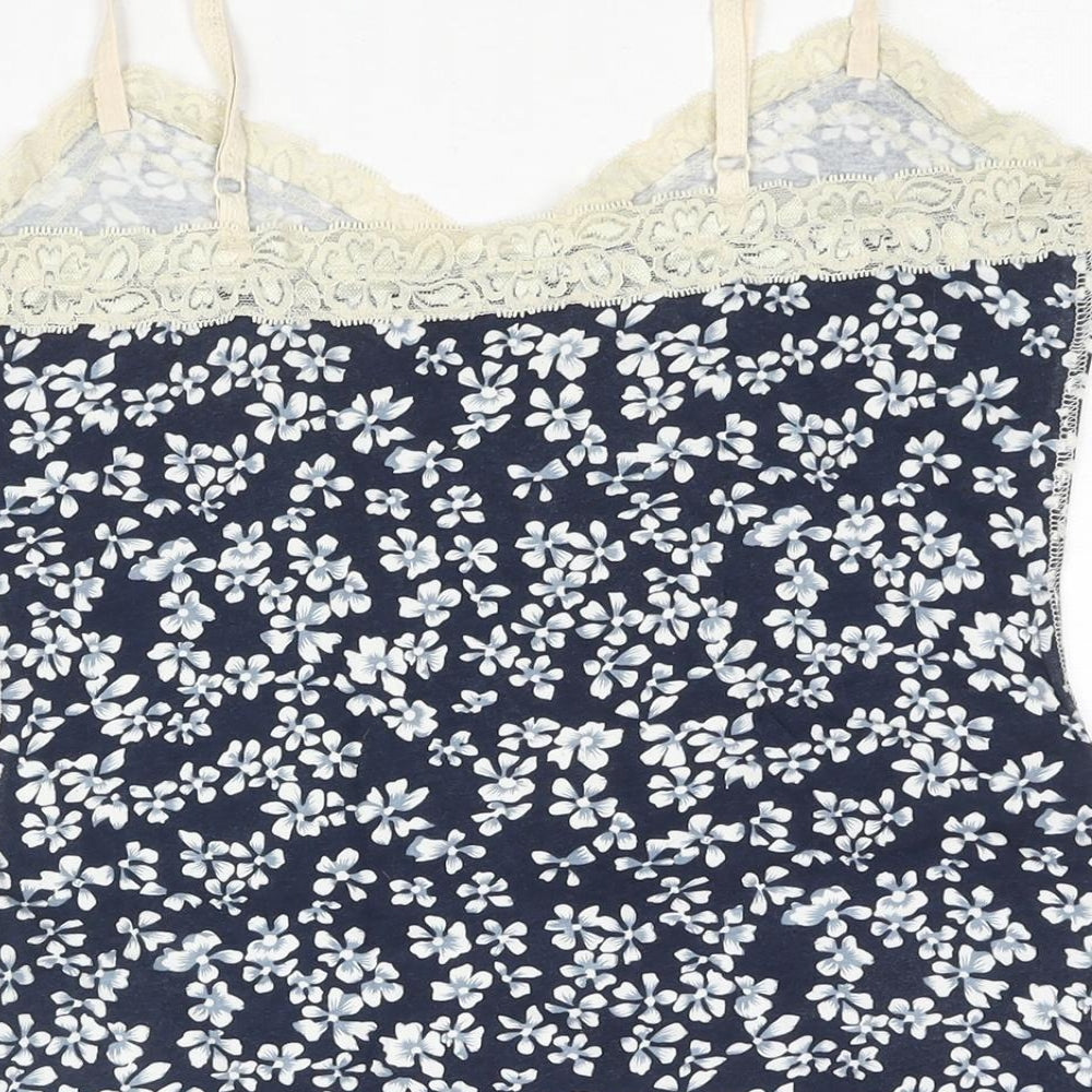 Debenhams Womens Blue Floral Cotton Top Pyjama Top Size 12 - Lace Trim Button Detail