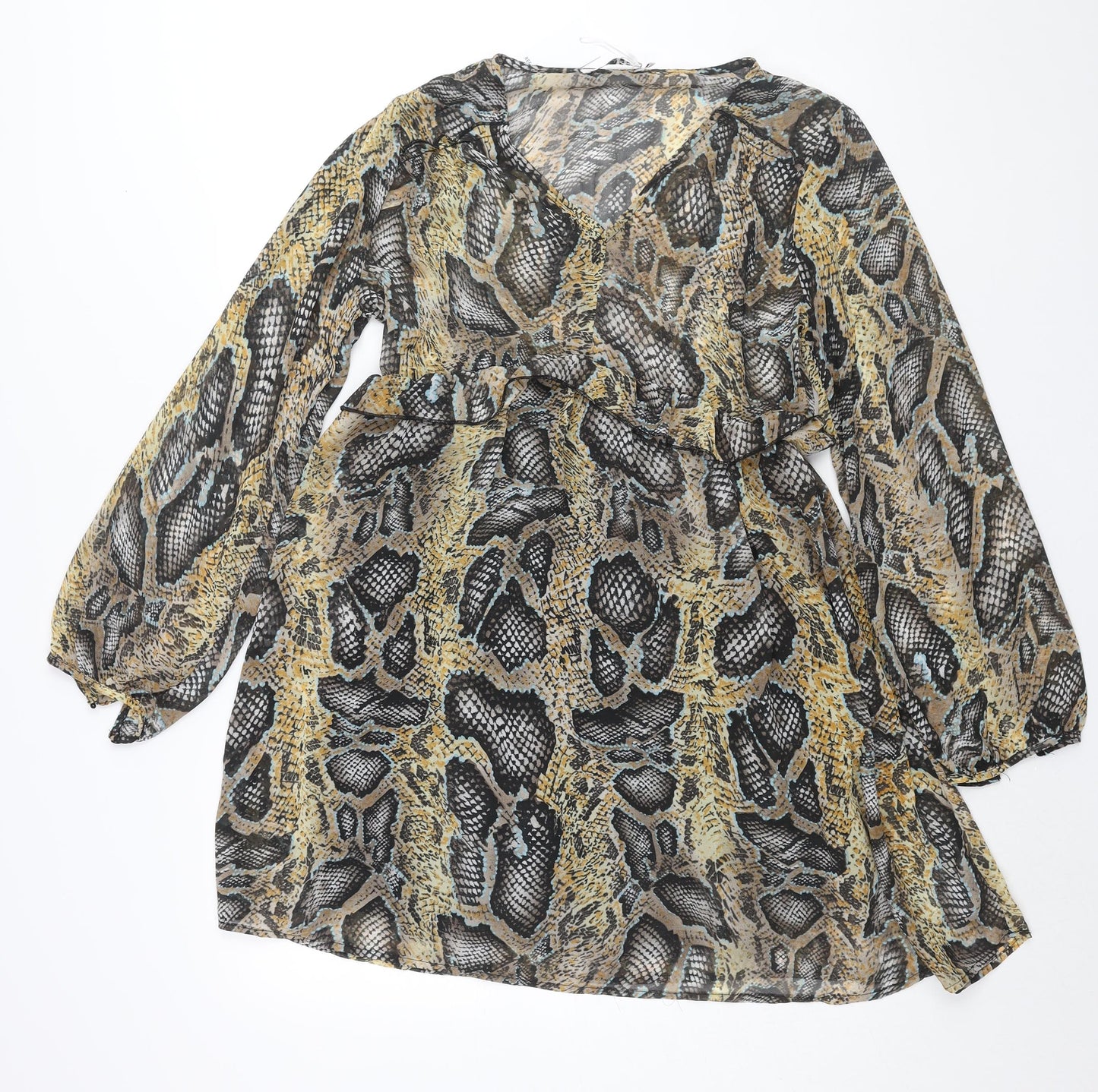 By Clara Womens Multicoloured Animal Print Polyester A-Line Size M V-Neck Pullover - Frill Snakeskin Print