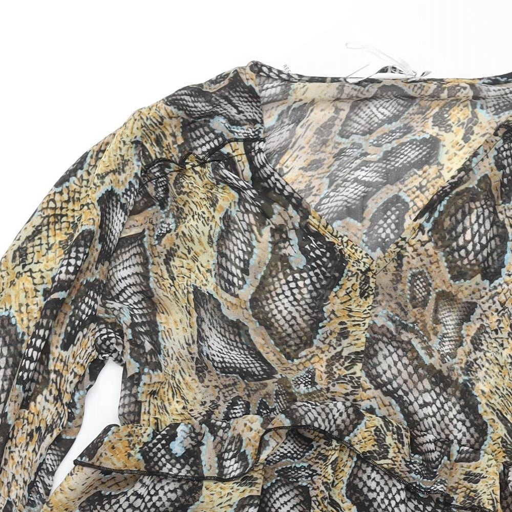 By Clara Womens Multicoloured Animal Print Polyester A-Line Size M V-Neck Pullover - Frill Snakeskin Print