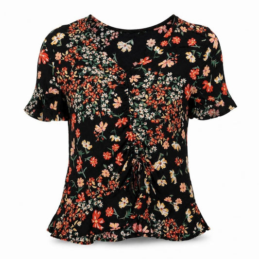 Front view of H&M women’s multicoloured floral viscose basic blouse, size UK 10, v-neck - drawstring detail