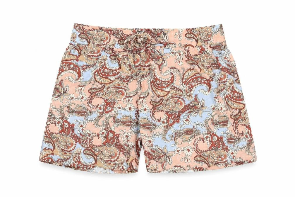 Front view of Soyaconcept women’s multicoloured paisley polyester basic shorts, size UK 30, in, 5-inch leg regular drawstring