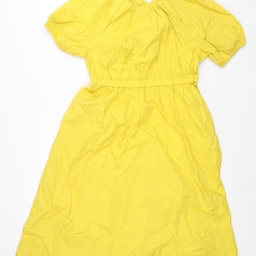 Marks and Spencer Womens Yellow Cotton Shift Size 14 Round Neck Tie - Rouched