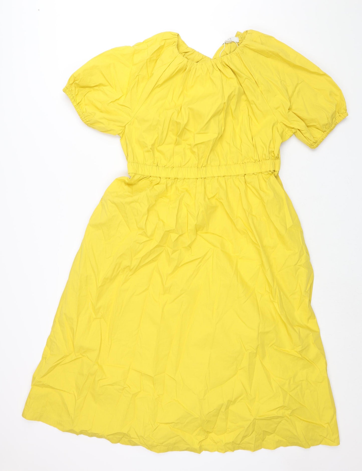 Marks and Spencer Womens Yellow Cotton Shift Size 14 Round Neck Tie - Rouched
