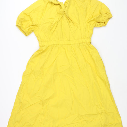 Marks and Spencer Womens Yellow Cotton Shift Size 14 Round Neck Tie - Rouched