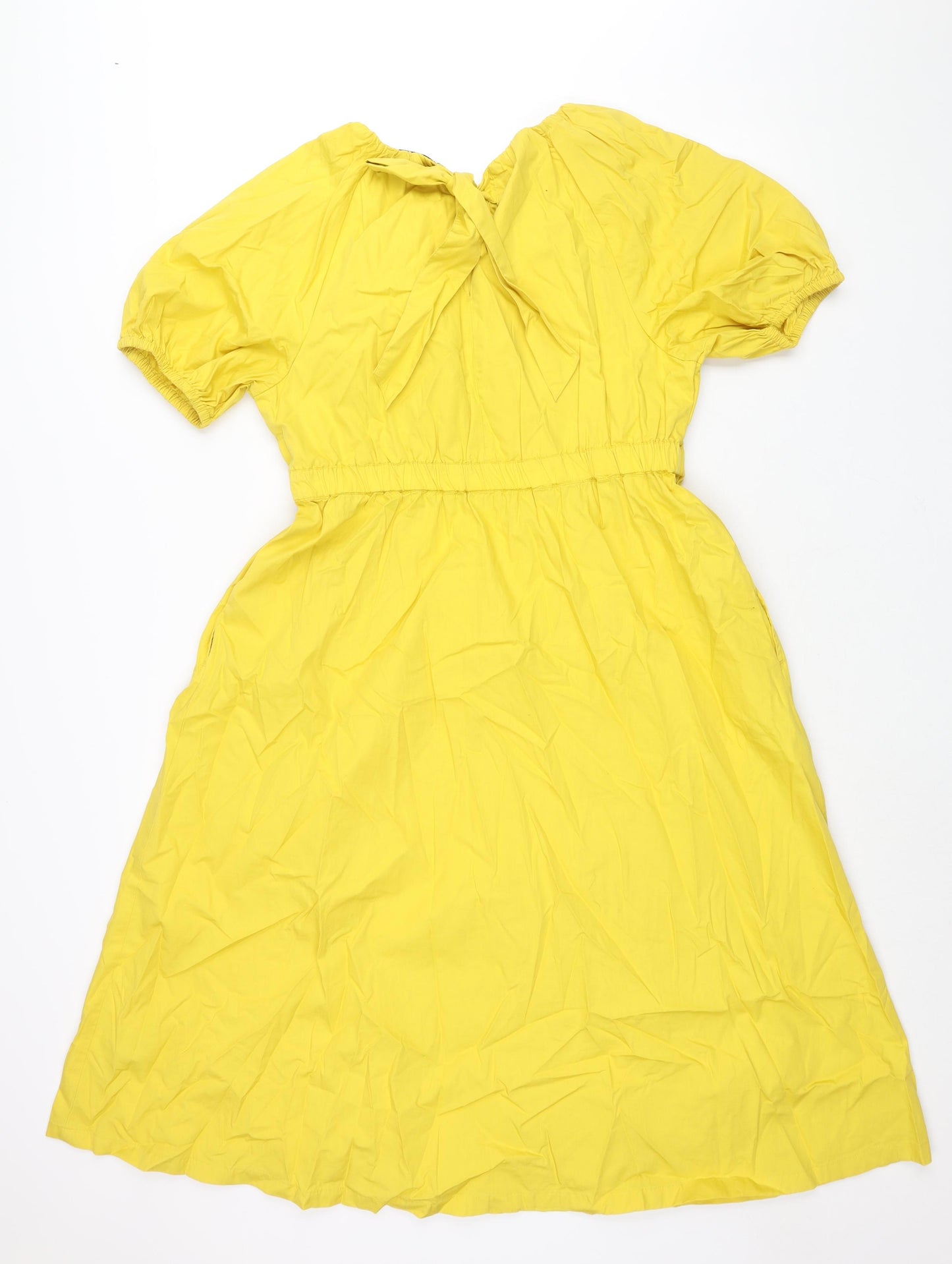 Marks and Spencer Womens Yellow Cotton Shift Size 14 Round Neck Tie - Rouched