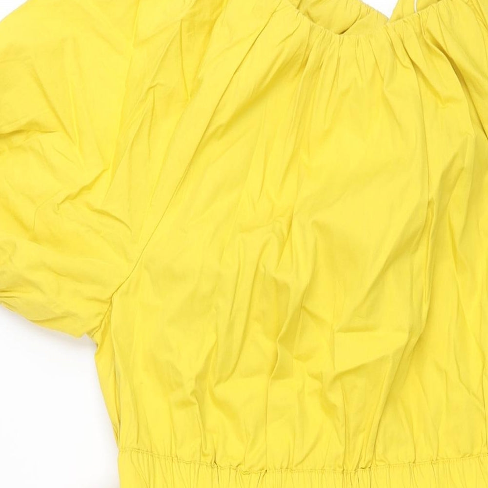 Marks and Spencer Womens Yellow Cotton Shift Size 14 Round Neck Tie - Rouched