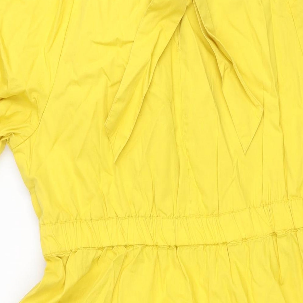 Marks and Spencer Womens Yellow Cotton Shift Size 14 Round Neck Tie - Rouched