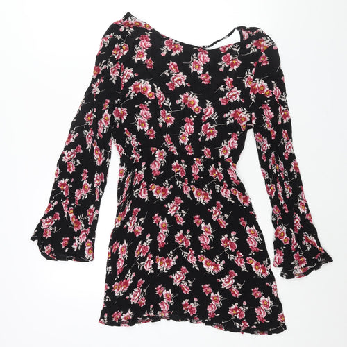 PRETTYLITTLETHING Womens Black Floral Viscose A-Line Size 6 Boat Neck Zip - Backless