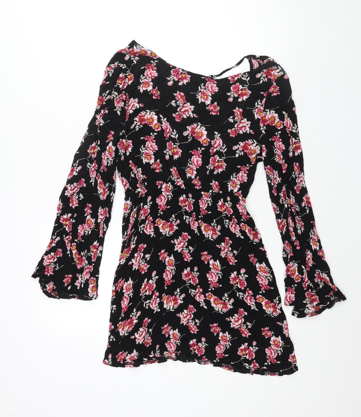 PRETTYLITTLETHING Womens Black Floral Viscose A-Line Size 6 Boat Neck Zip - Backless