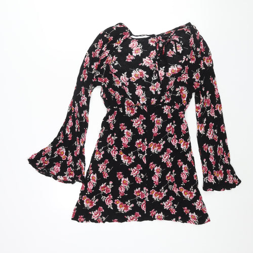 PRETTYLITTLETHING Womens Black Floral Viscose A-Line Size 6 Boat Neck Zip - Backless