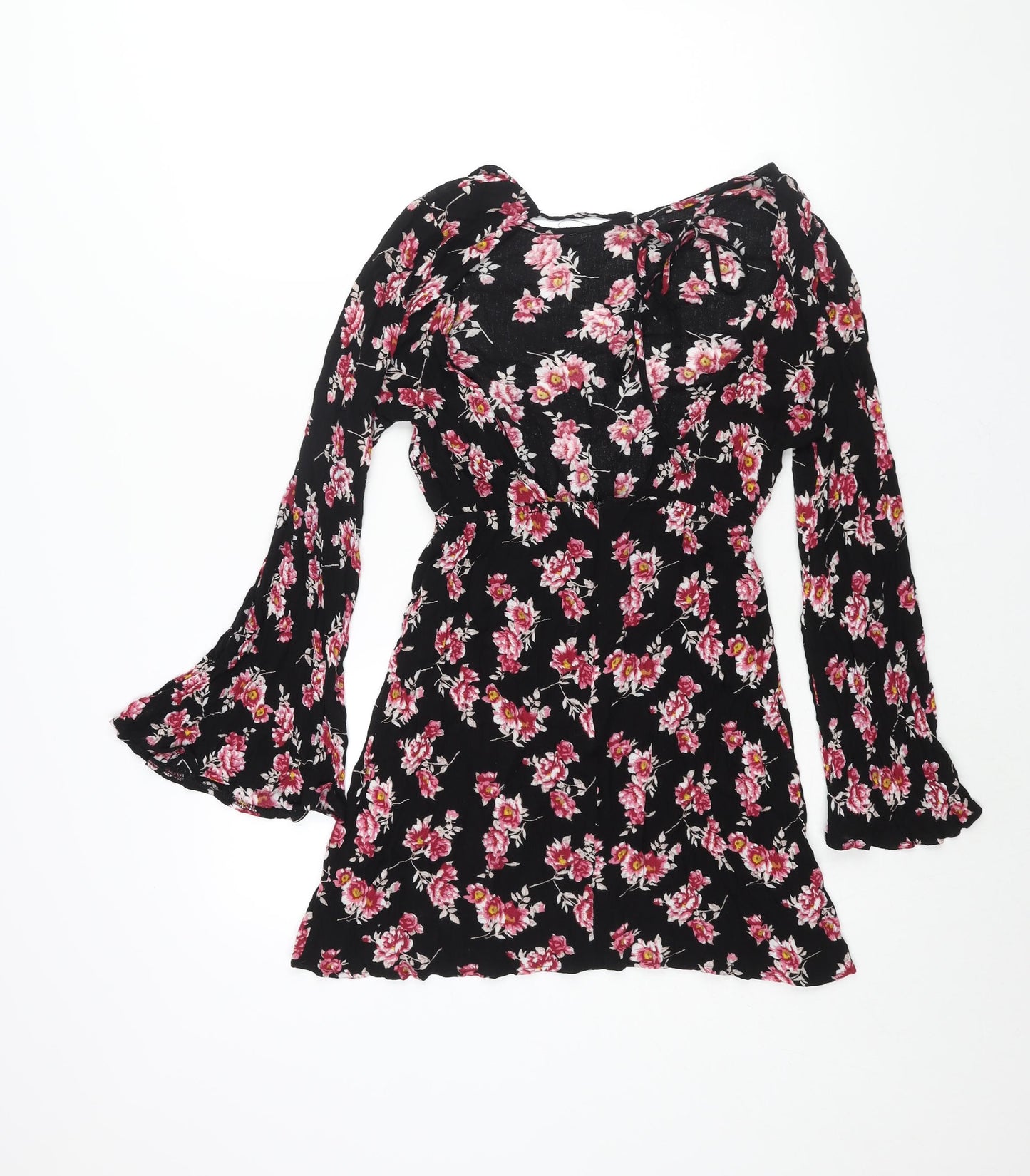 PRETTYLITTLETHING Womens Black Floral Viscose A-Line Size 6 Boat Neck Zip - Backless