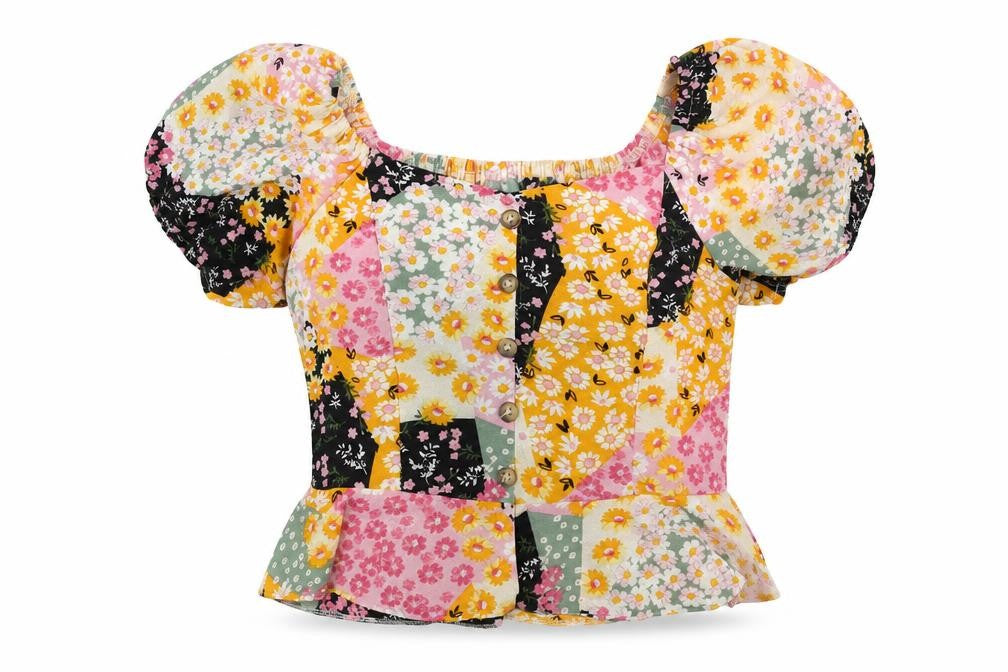 Skinny Dip Womens Multicoloured Colourblock Polyester Basic Blouse Size 10 Square Neck - Floral Print Peplum Button Detail