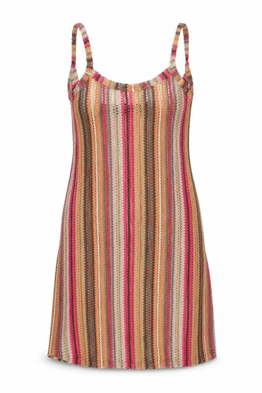 Front view of I SAW IT FIRST women’s multicoloured striped polyester mini, size UK 8, scoop neck pullover - semi sheer