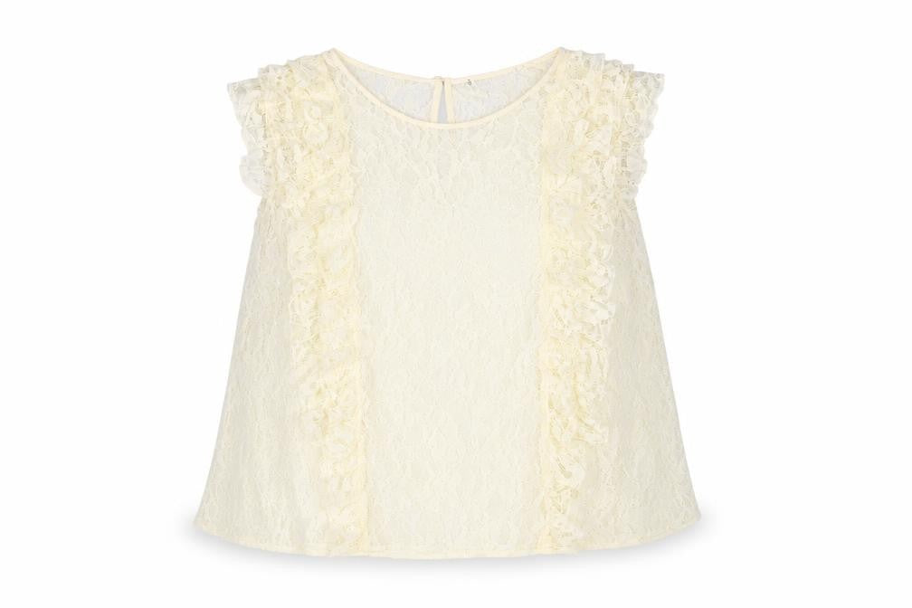 Front view of Marks & Spencer women’s ivory polyamide basic blouse, size UK 18, round neck - frill semi sheer