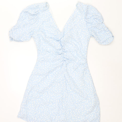 Zara Womens Blue Polka Dot Viscose A-Line Size M V-Neck Zip - Rouched