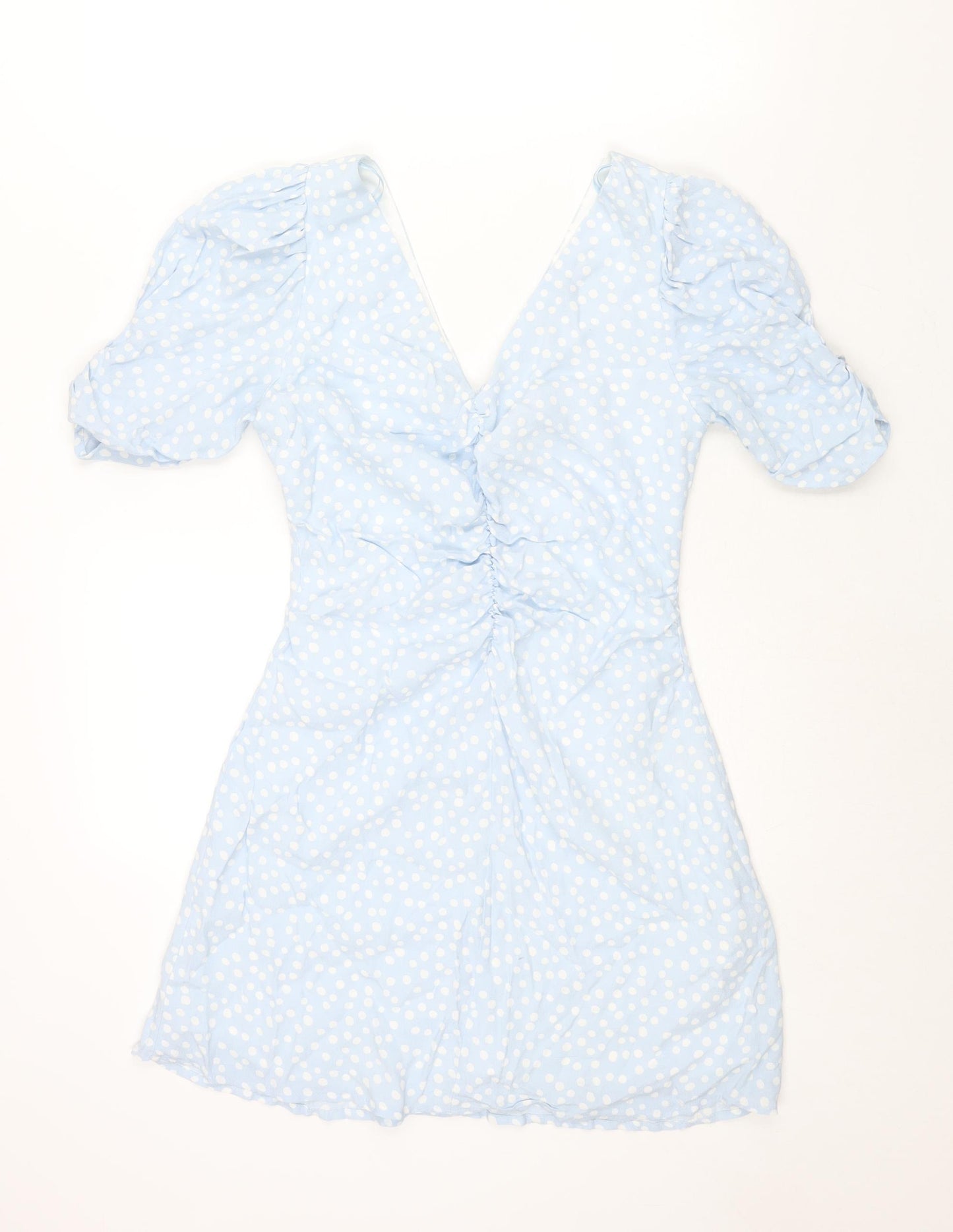 Zara Womens Blue Polka Dot Viscose A-Line Size M V-Neck Zip - Rouched